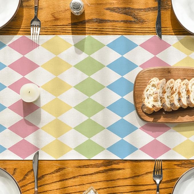 Artoid Mode Diamond Plaid Pink Blue Easter Table Runner, Seasonal Spring Summer - Image 3
