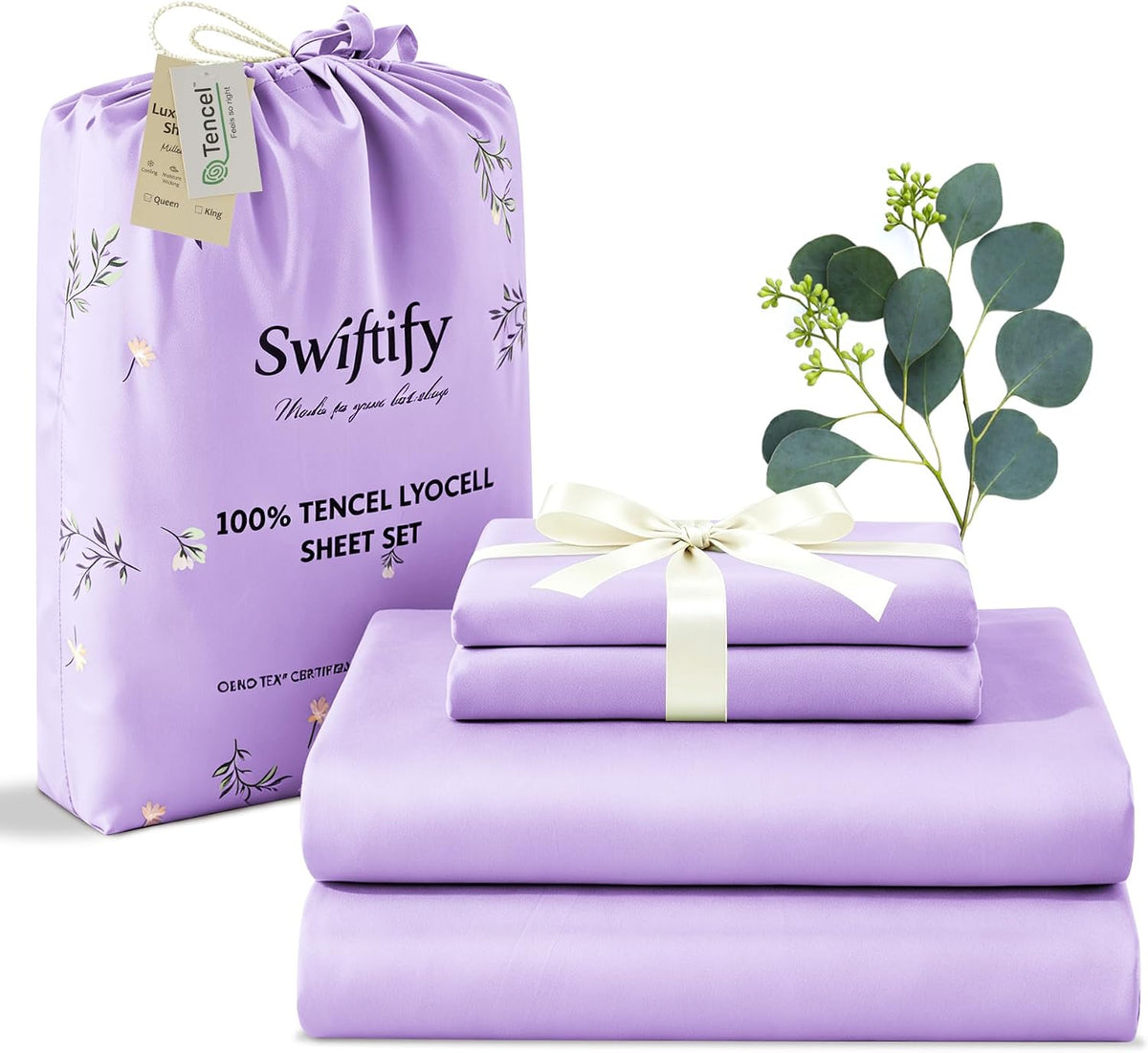 queen size tencel™ lyocell sheet set, 4‑piece eucalyptus shown in use