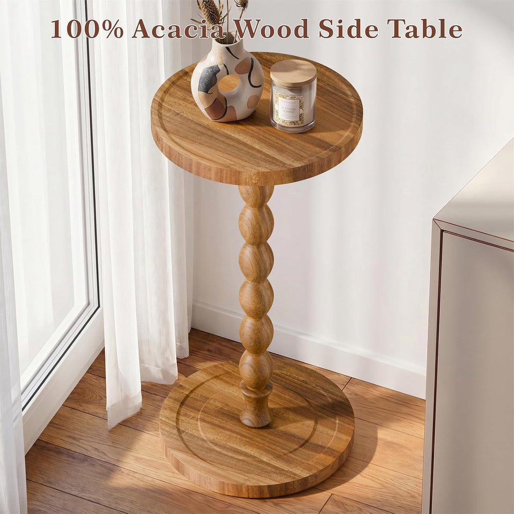 Small Round Side Table, Acacia Wood‌ Drink Table for Small Spaces