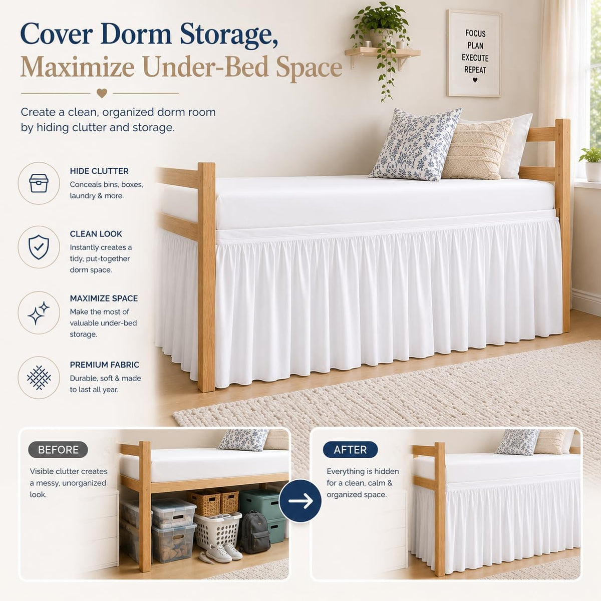 dorm bed skirt full xl 32 inch drop, package contents