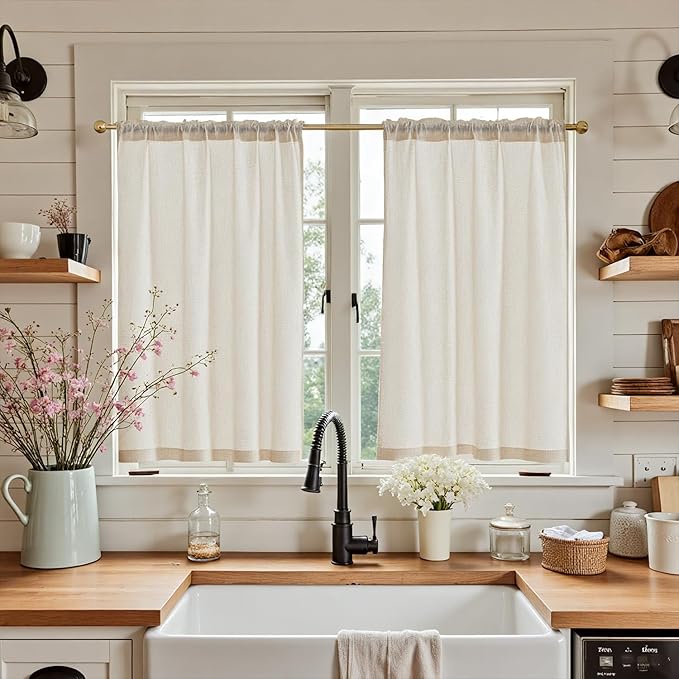 jinchan Beige Kitchen Curtains Linen Tier Curtains 45 Inches Farmhouse Cafe by JINCHAN