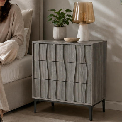 fluted 3‑drawer nightstand, 3d wave front table, gray, front angle view