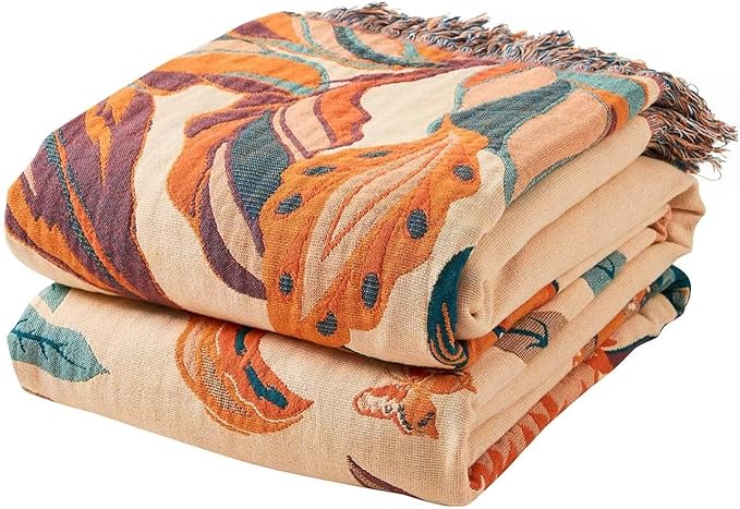 Boho Throw Blanket for Bed, 100% Cotton Soft Rustic Quilt Fall Blanket by XIBLC