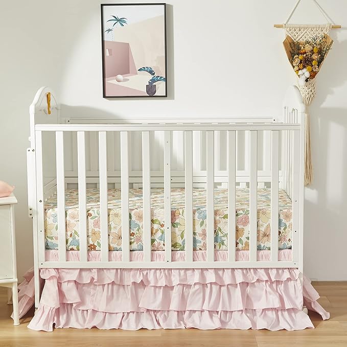 Brandream Crib Bed Skirt for Baby Girls Boys Blush Pink Boho Bohemian Solid - Image 3