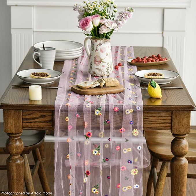 Artoid Mode Pink Embroidery Daisy Spring Gauze Table Runner 59x120 Inch 10FT - Image 2