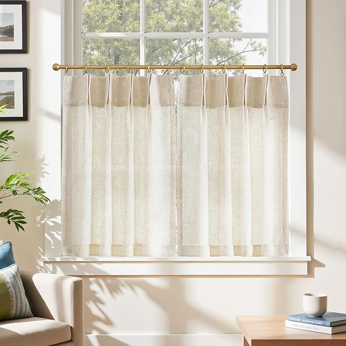 jinchan Linen Pinch Pleated Kitchen Curtains 30 Inch 2 Panels, Natural Linen - Image 3