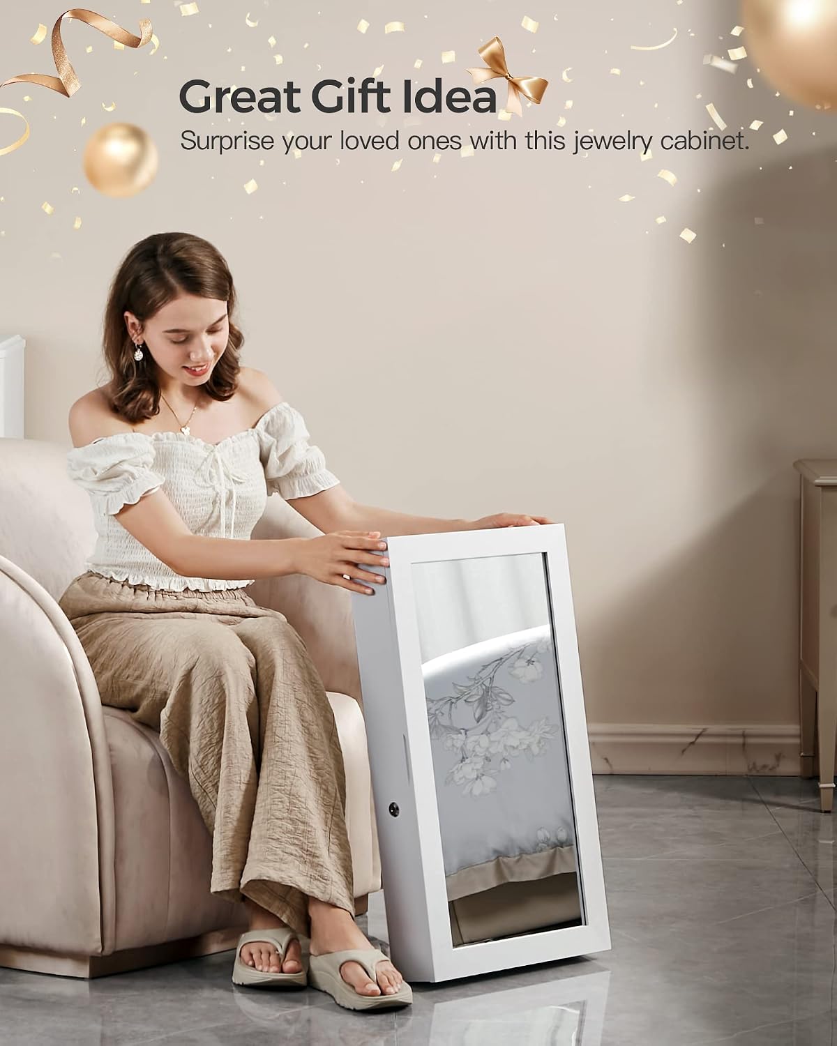 songmics lockable jewelry cabinet armoire with mirror, wall-mounted showing dimensions