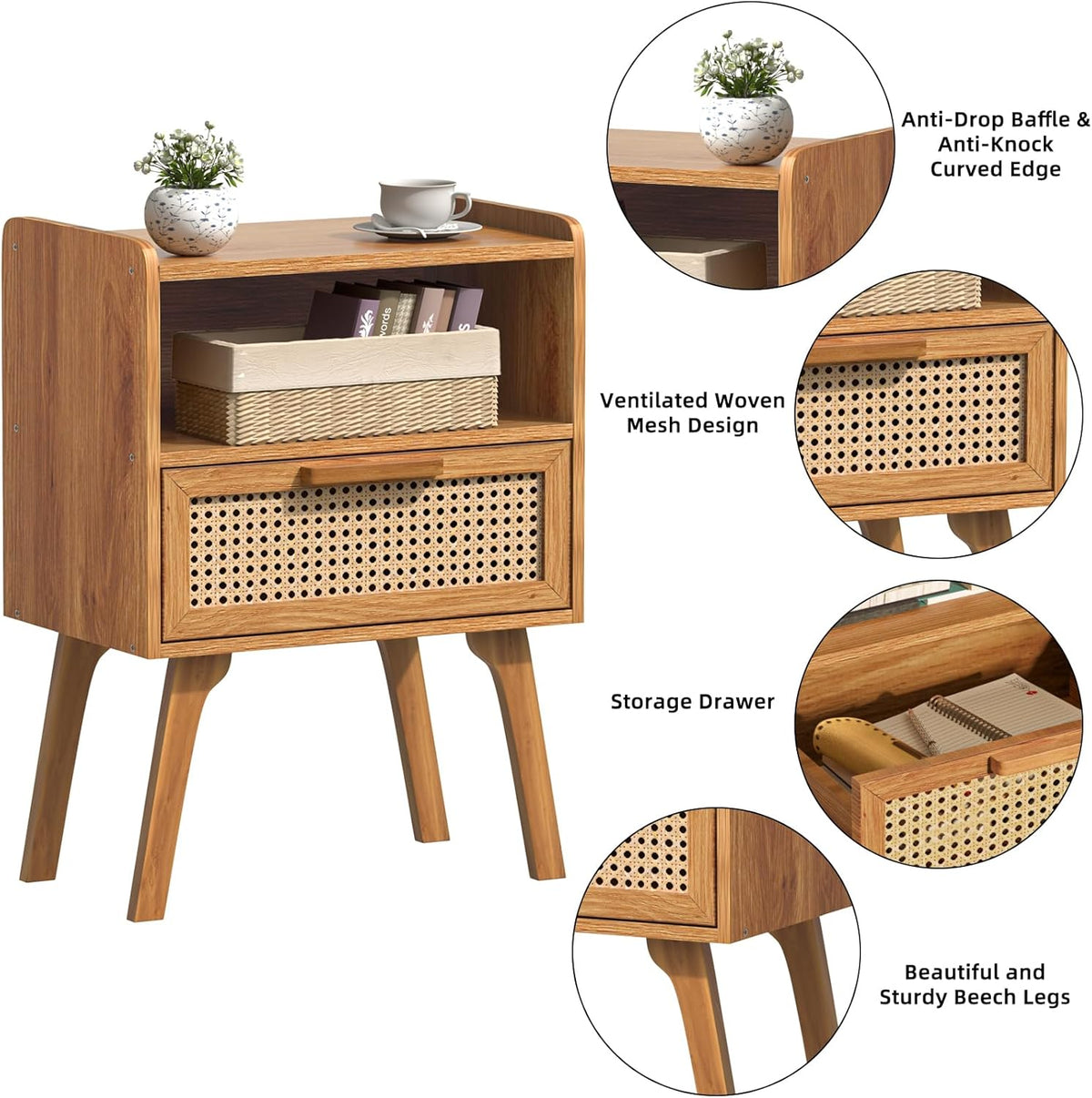 lerliuo rattan nightstand, side table with drawer open, view 9