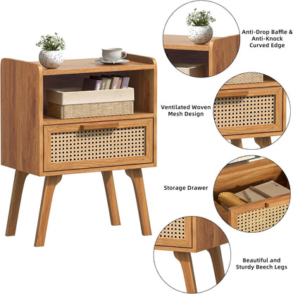 lerliuo rattan nightstand, side table with drawer open, view 9