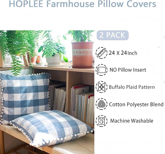 HOPLEE Farmhouse Light Blue Pillow Covers 24x24 Buffalo Check Pillows Covers - Image 4