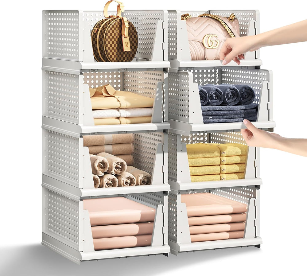 5 Packs Stackable Plastic Storage Basket for Closet Foldable Closet Organizer...