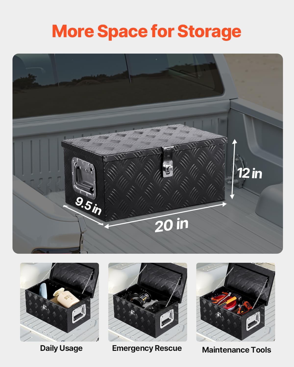 vevor heavy duty aluminum truck bed tool box shown in use