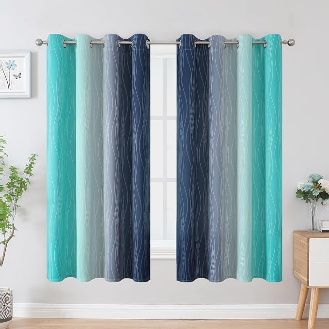 Estelar Textiler Navy Blue and Teal Blackout Curtains 63 Inch Length 2 Panels - Image 2