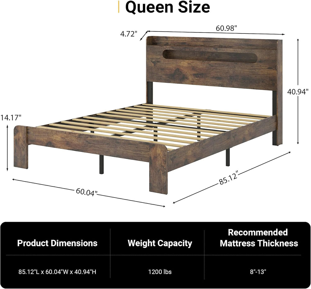 Wooden Queen Size Bed Frame with Storage Headboard, Rustic Farmhouse Platform...