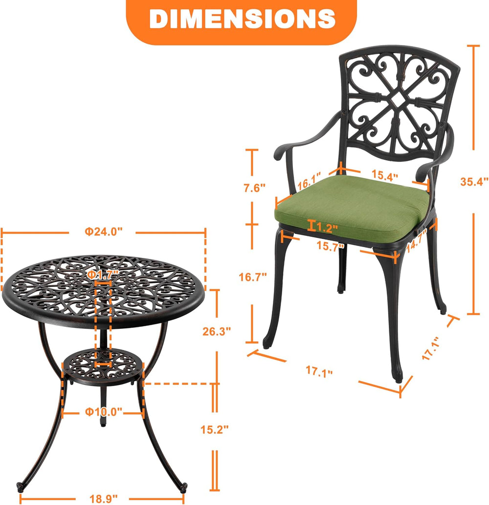 NUU GARDEN 3-Piece Outdoor Bistro Set with Cushions, Round 24 Inch Cast Alumi...