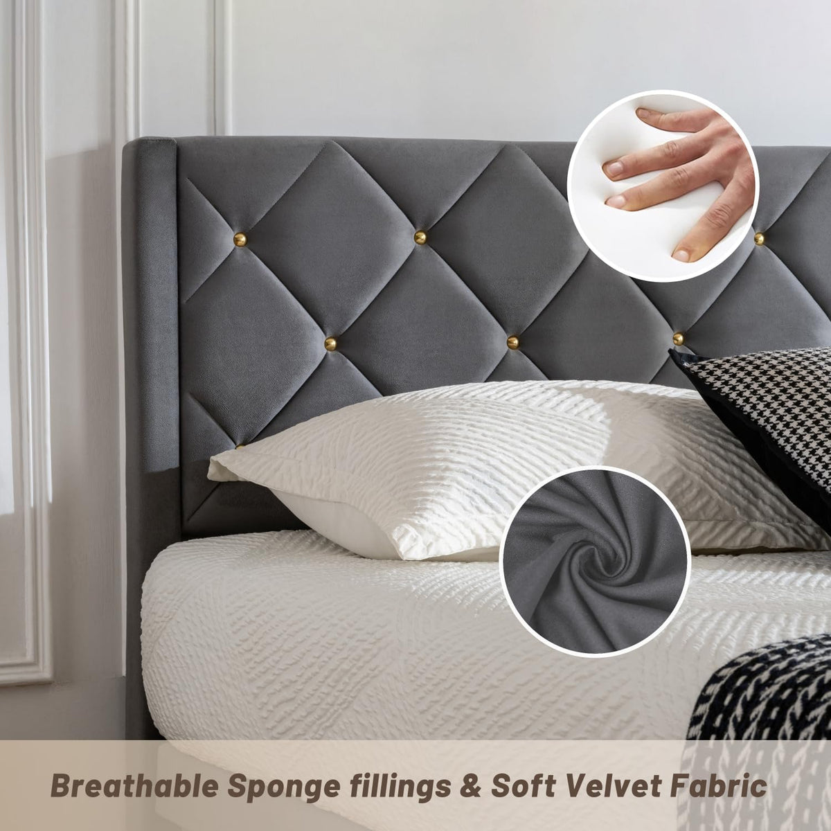 queen size platform bed frame with velvet headboard, side view