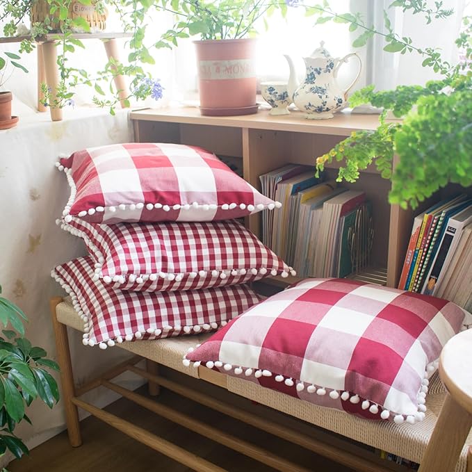 HOPLEE Red Throw Pillow Covers Farmhouse Gingham Pillow Covers - Image 8