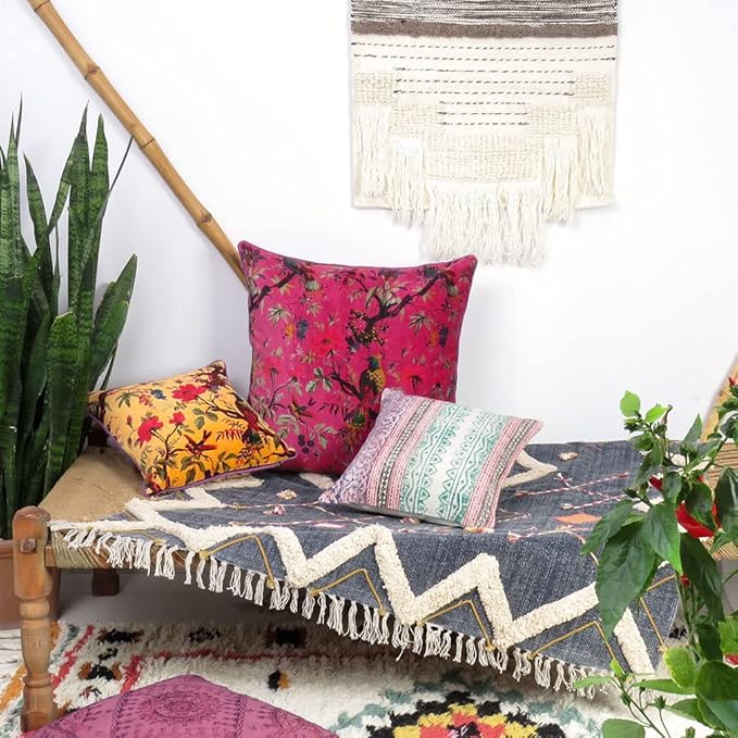 Eyes of India 16x16 Burgundy Red Velvet Floral Flower Bird Throw Pillow Sofa - Image 6