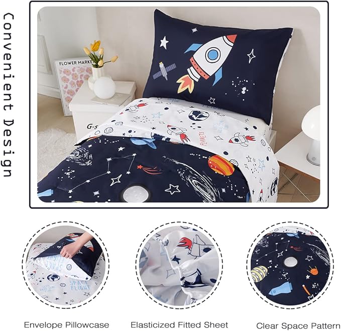 PERFEMET Twin Comforter Set 4 Piece Kids Space Rockets Comforter Bed in A Bag - Image 5