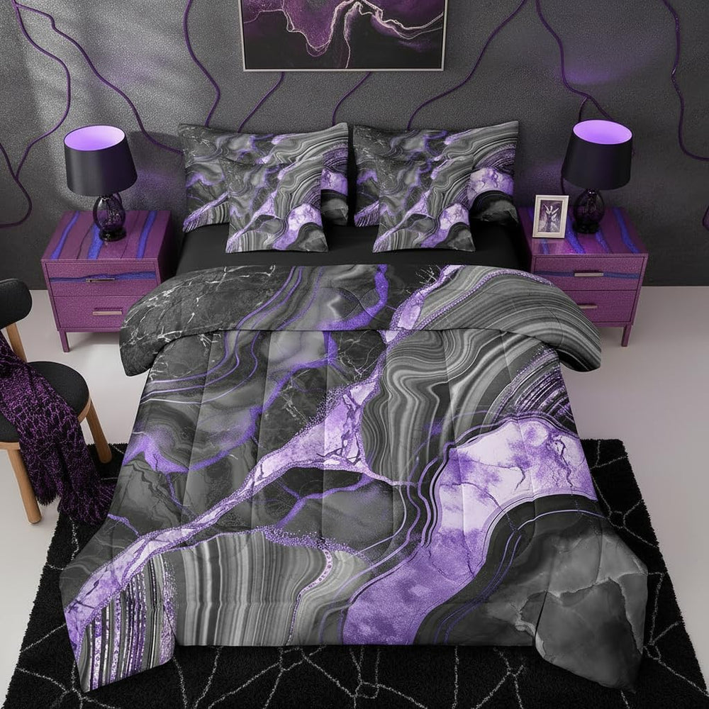 Erosebridal Black Grey Marble 7 Pcs Comforter Set, Purple Marbling Queen
