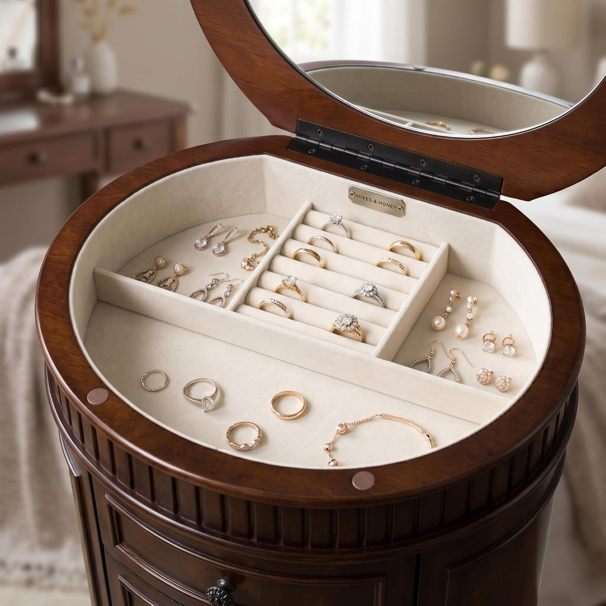 hives and honey bailey oval standing jewelry armoire, close-up detail