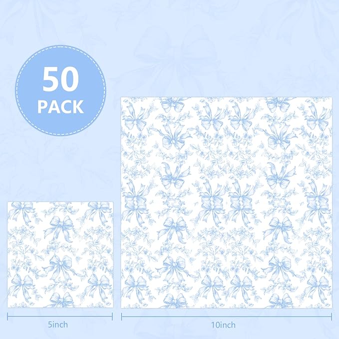 50 Pcs Blue Bow Napkins Coquette Party Supplies Pink Floral Disposable Cocktail - Image 2