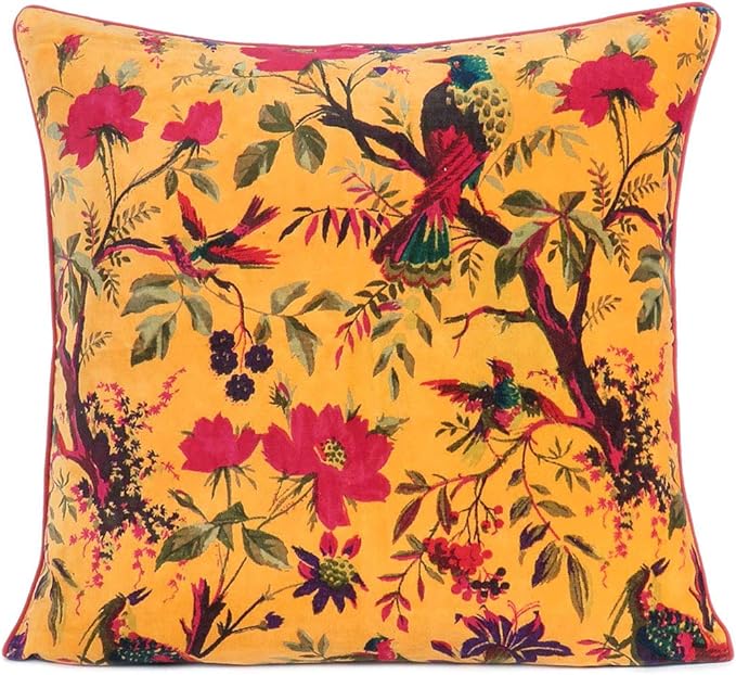 Eyes of India Velvet Floral Flower Bird Throw Pillow Sofa Cushion Cover Case by EyesofIndia