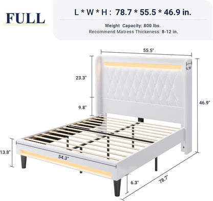 allewie full size upholstered bed frame with led shown in use