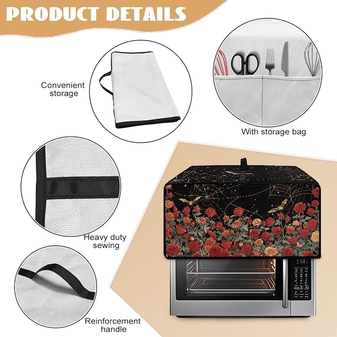 Red Rose Bat Cobweb Print Microwave Oven Dust Cover Polyester-Linen Fabric Dust - Image 6