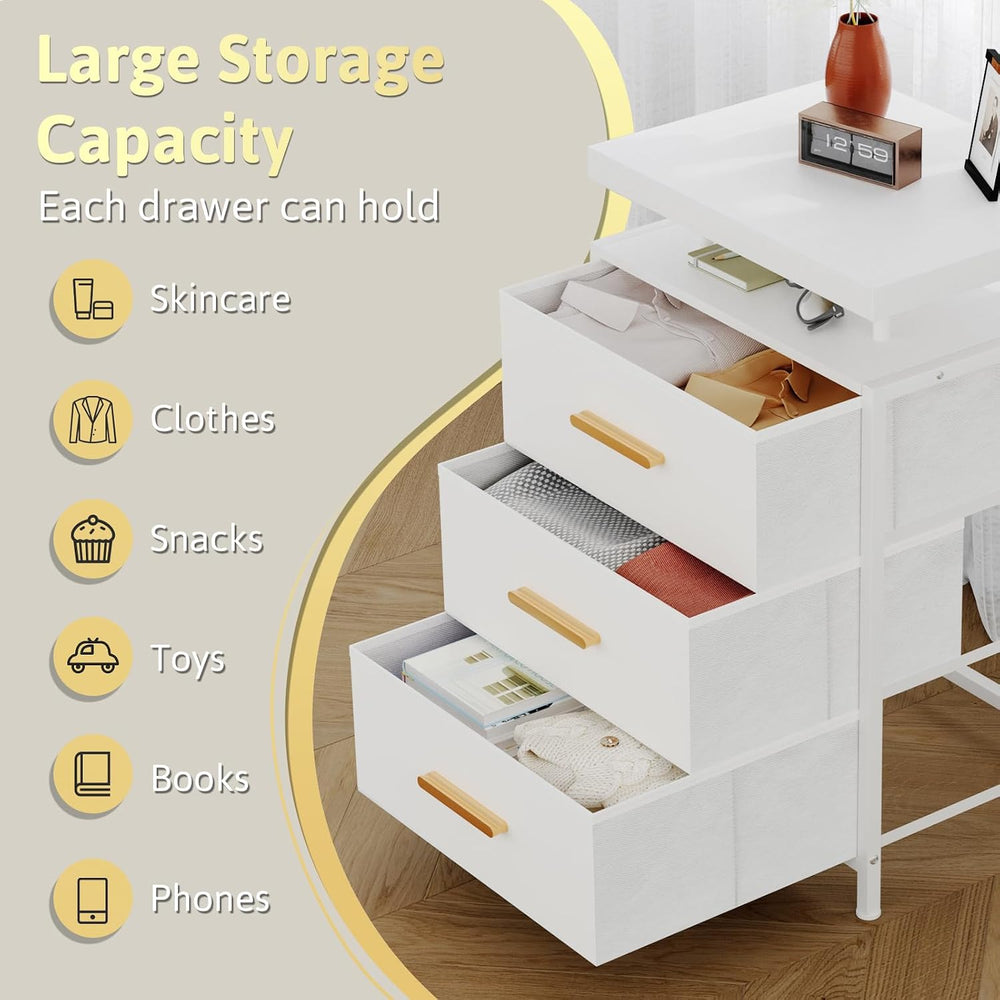 DreamDashio Nightstand with LED Lights, 3 Fabric Storage Drawers, Bedside Tab...