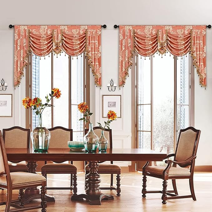 ELKCA Coffee Jacquard Swag Waterfall Valance Luxury Floral Curtain Valance - Image 5