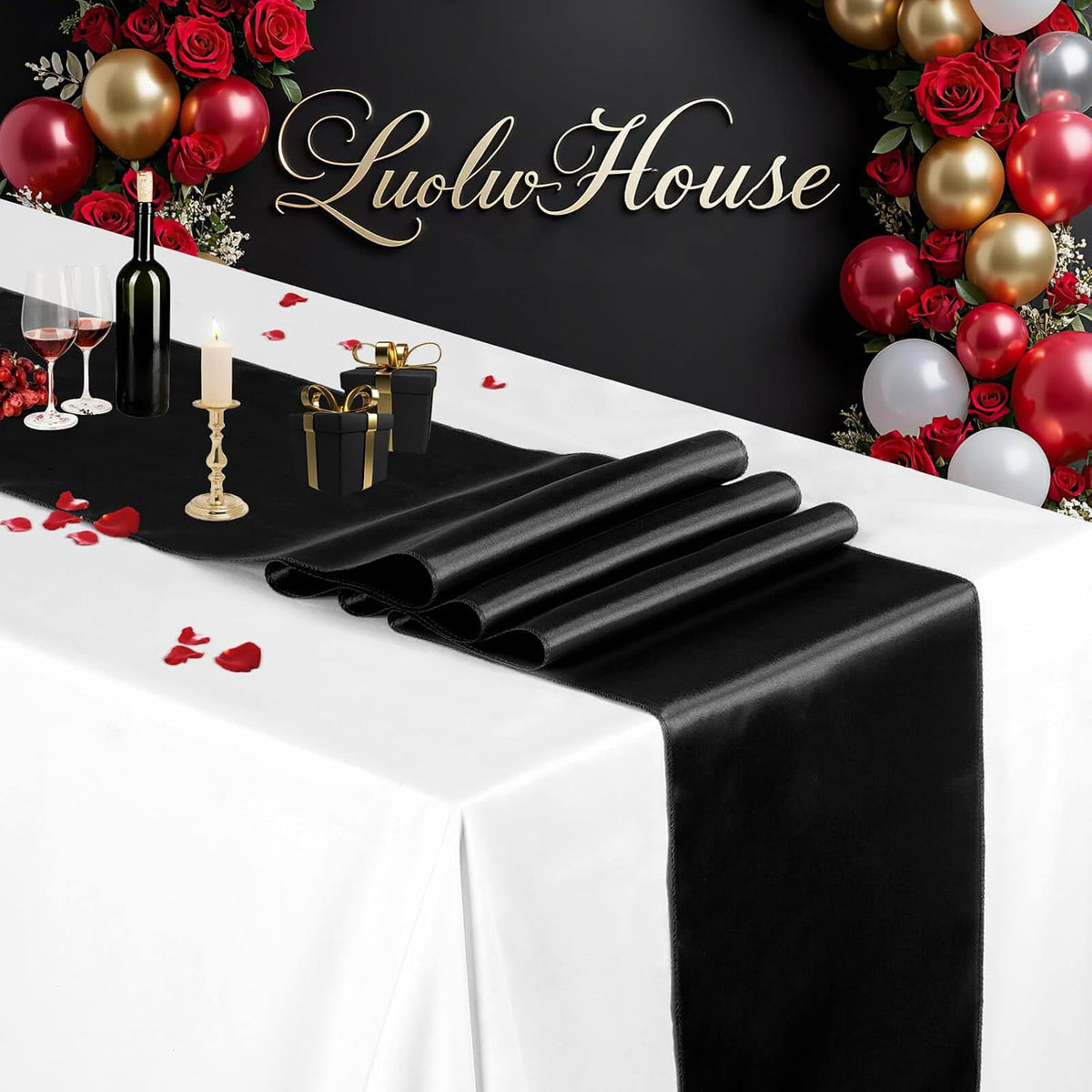 24 Pack Black Table Runners 12 x 108 Inches Long Smooth Satin Silk Black Halloween Table Runner for Party Wedding Birthday Banquet Decoration