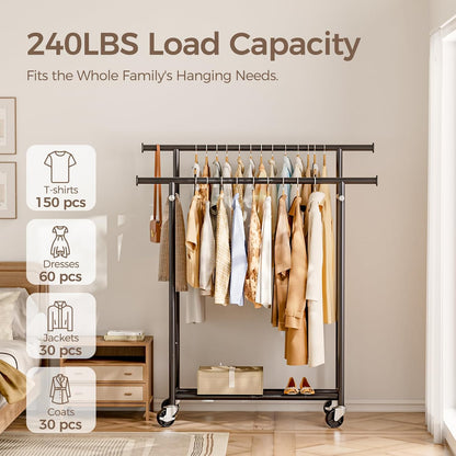 hyseyy clothes rack, double rods rolling clothing rack shown in use