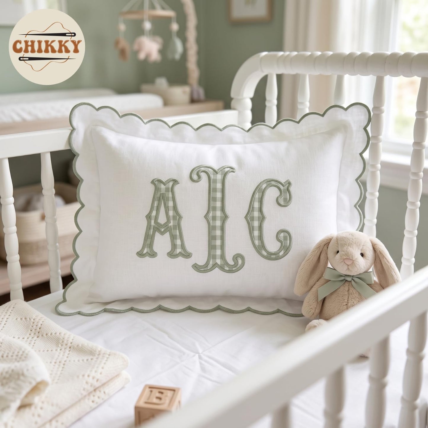 Personalized Baby Pillowcase - Custom Monogrammed Toddler Pillow Cover with Scalloped Edge for Nursery Decor, 05