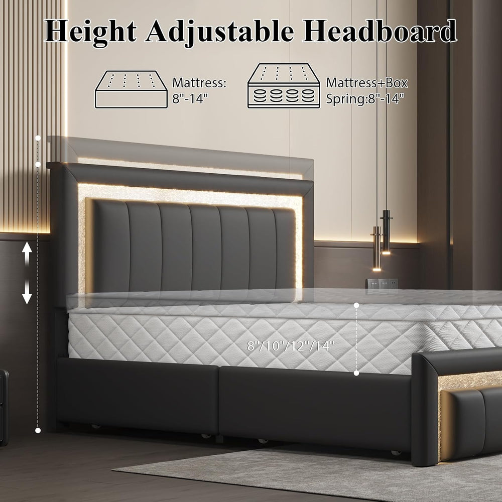 Full Bed Frame with Charging Station, Storage Drawers, Upholstered Black