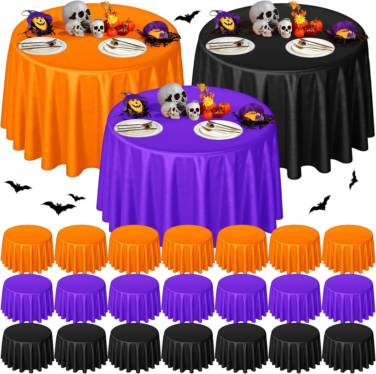 24 Pcs Halloween Round Plastic Tablecloths, 84 Inch Black, Purple, Orange