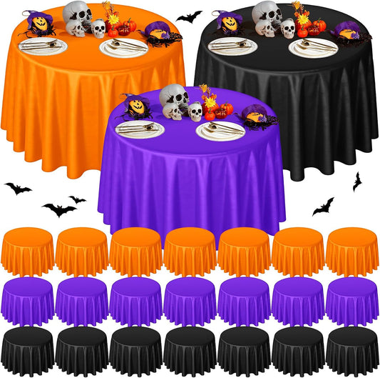 24 Pcs Halloween Round Plastic Tablecloths, 84 Inch Black, Purple, Orange