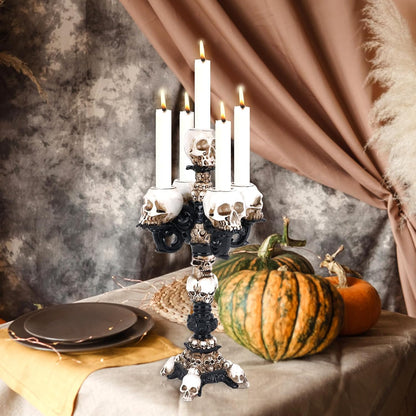 Skull Candle Holder for Halloween Decoration, Resin Gothic Skeleton Head Candlestick for Pillar Candle, Retro Spooky Desktop Tealight Cup for Christmas Home Office Party