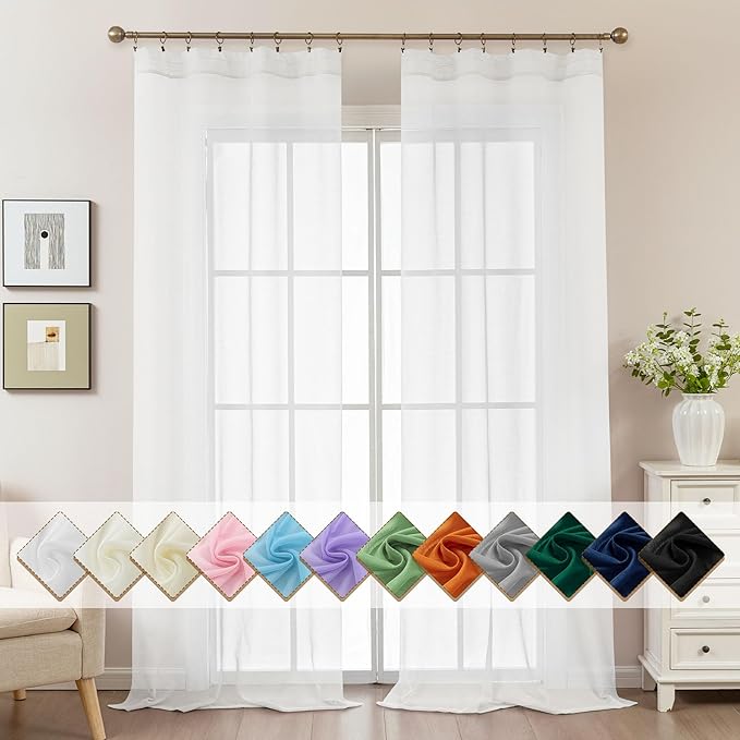 White Sheer Curtains 96 Inches Long, Privacy Semi Sheer Curtains by ABLUEN