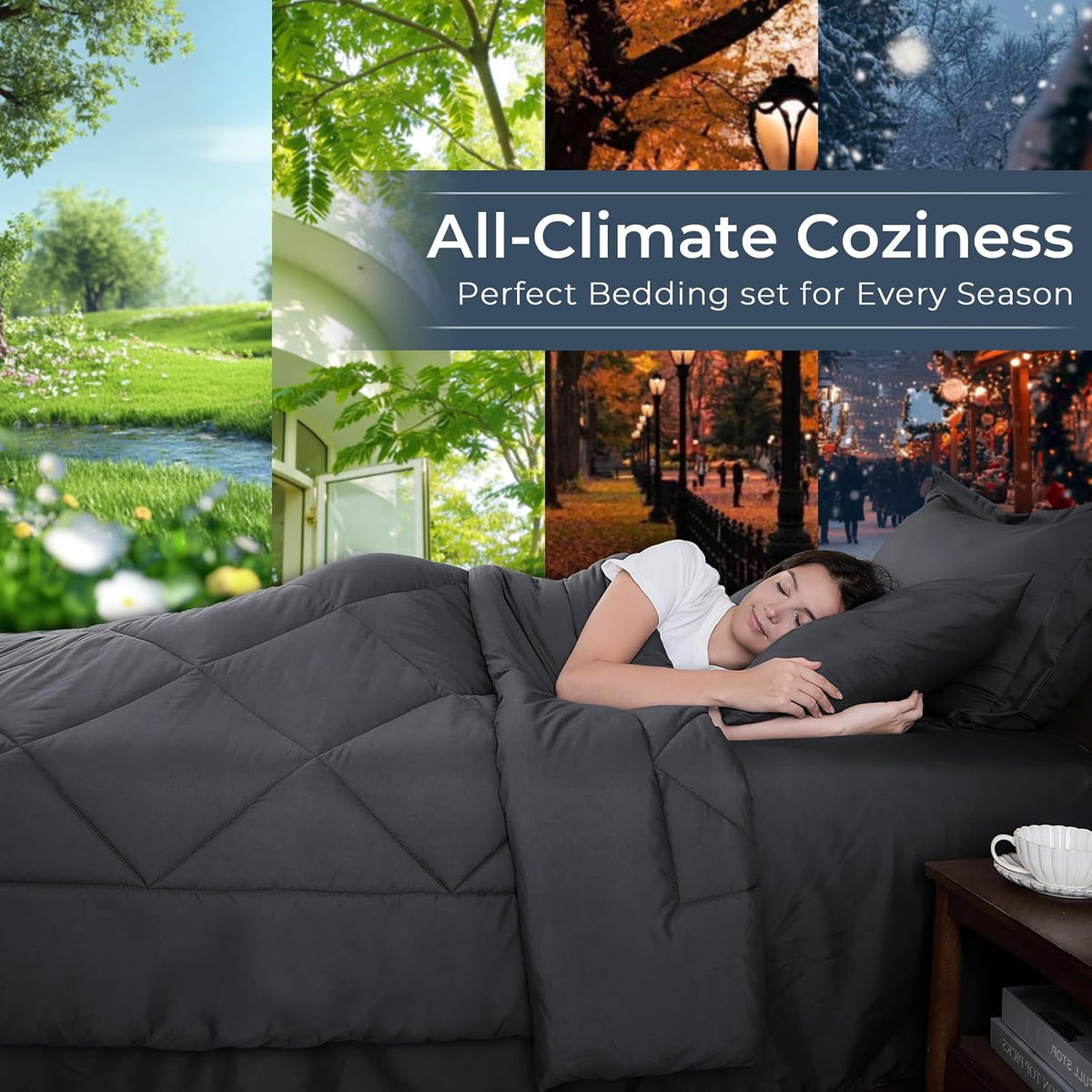 hevumyi 7-piece full comforter set, dark grey bed, close-up detail