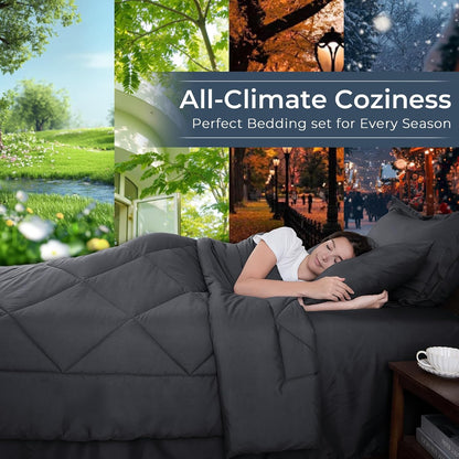 hevumyi 7-piece full comforter set, dark grey bed, close-up detail