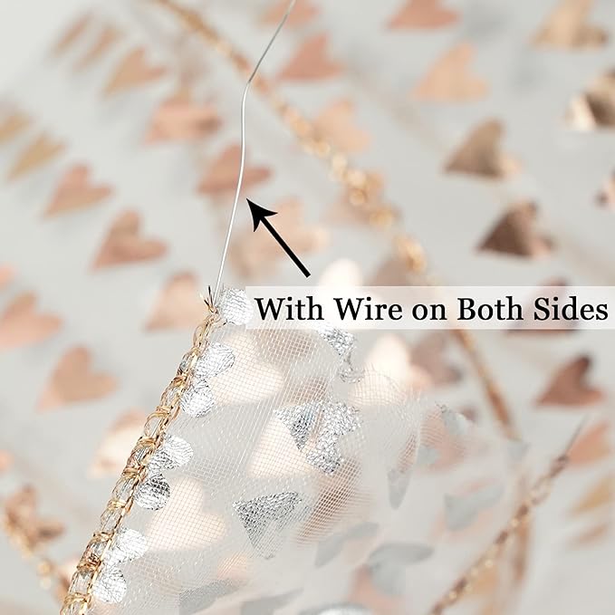 MEEDEE 2.5 Inch Rose Gold Heart Wired Ribbon 25 Yards Pink Sheer Ribbons - Image 3