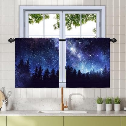 Renaiss 26 x 24 Inch Galaxy Forest Kitchen Tier Curtains Starry Sky Twinkle by Renaiss