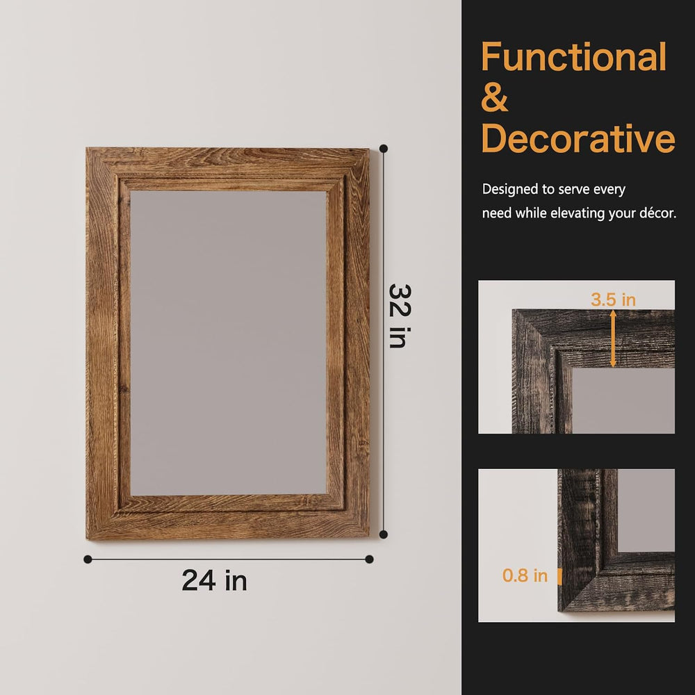 Rustic Wall-Mounted Vanity Mirror, Solid Wood Frame Bathroom Mirror, Farmhous...