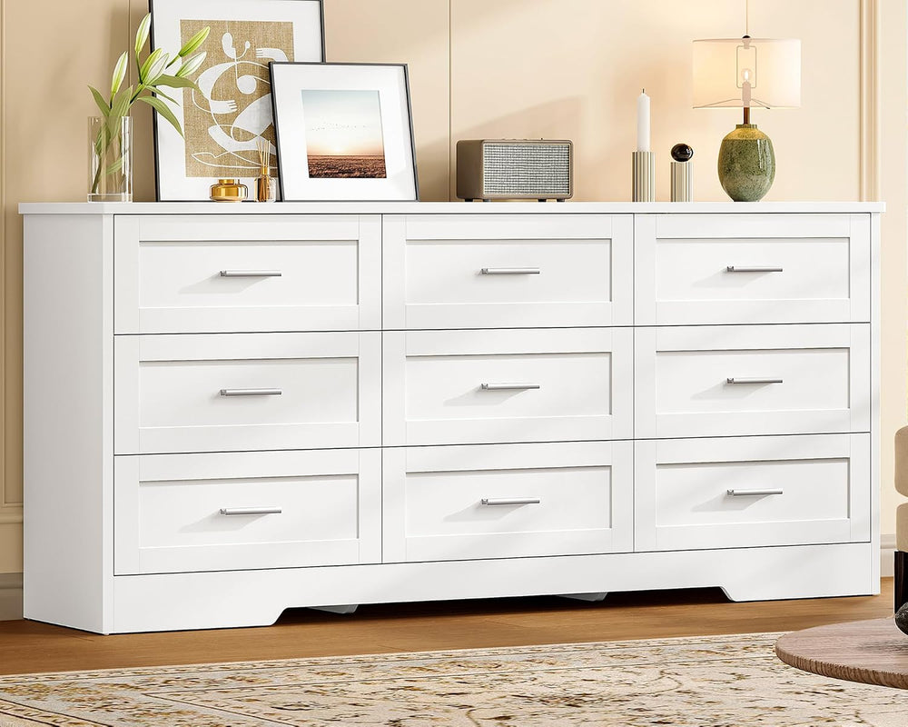 TEENFON 57.1"W White Dresser for Bedroom, Modern 9 Drawer Dresser with M...