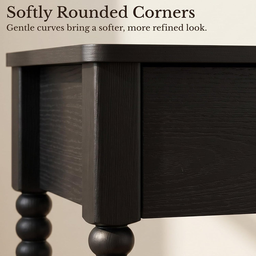 Black Nightstand, 25" H, Spindle Legs, Drawer & Open Shelf