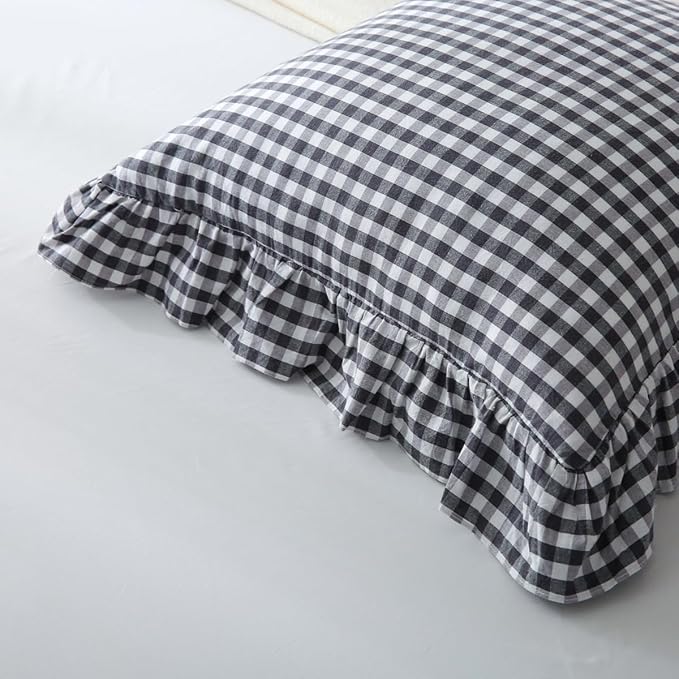 Black/White Plaid Ruffle Throw Pillow Covers Set of 2, Checkered Washed Cotton - Image 5