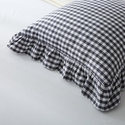 Black/White Plaid Ruffle Throw Pillow Covers Set of 2, Checkered Washed Cotton - Image 5