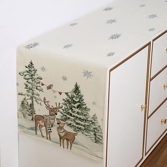 Christmas Deers Cedar Table Runner 13x72 Inch Snowflaks Winter Kitchen Dinning - Image 3