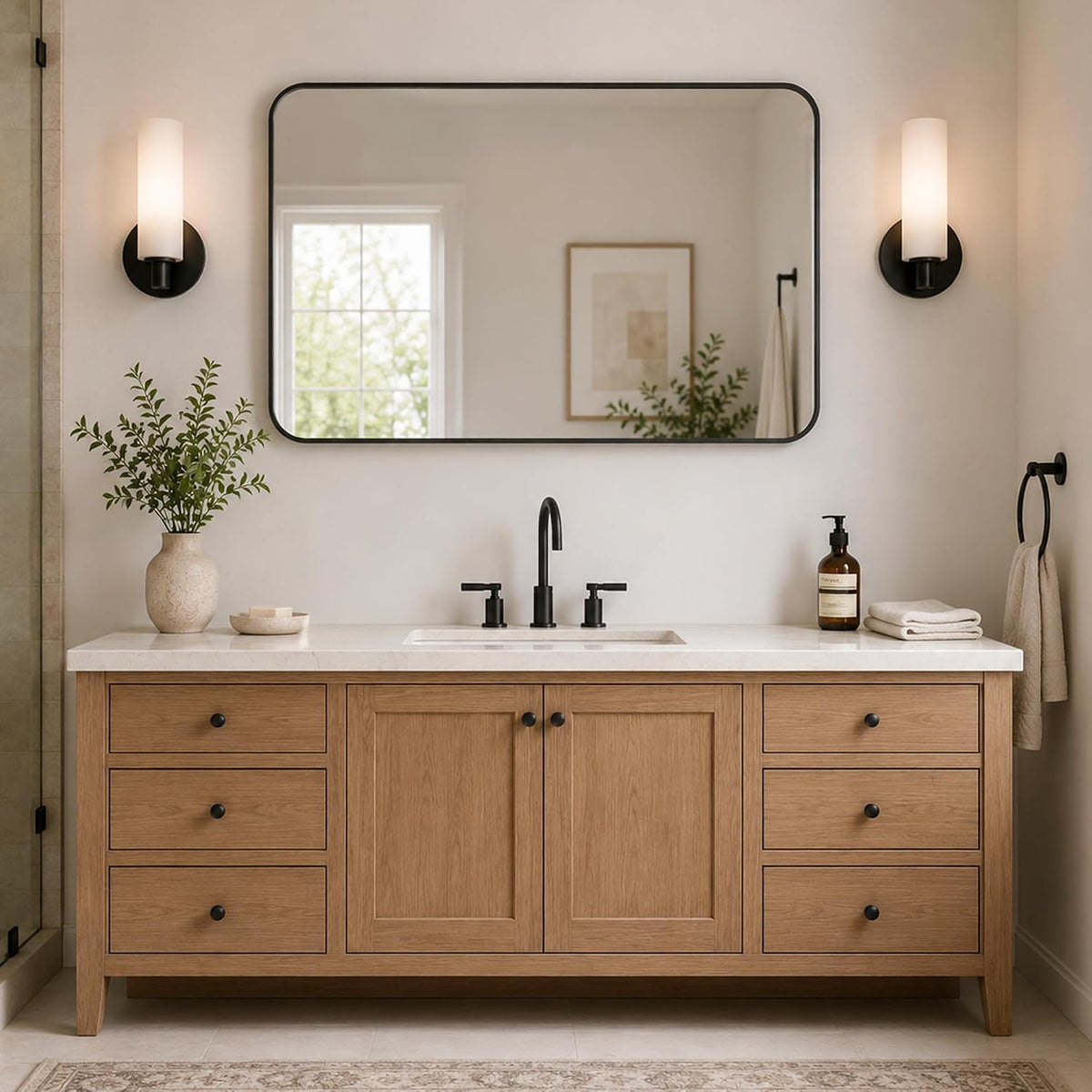 24x36 inch matte black rounded rectangle vanity mirrors, front angle view